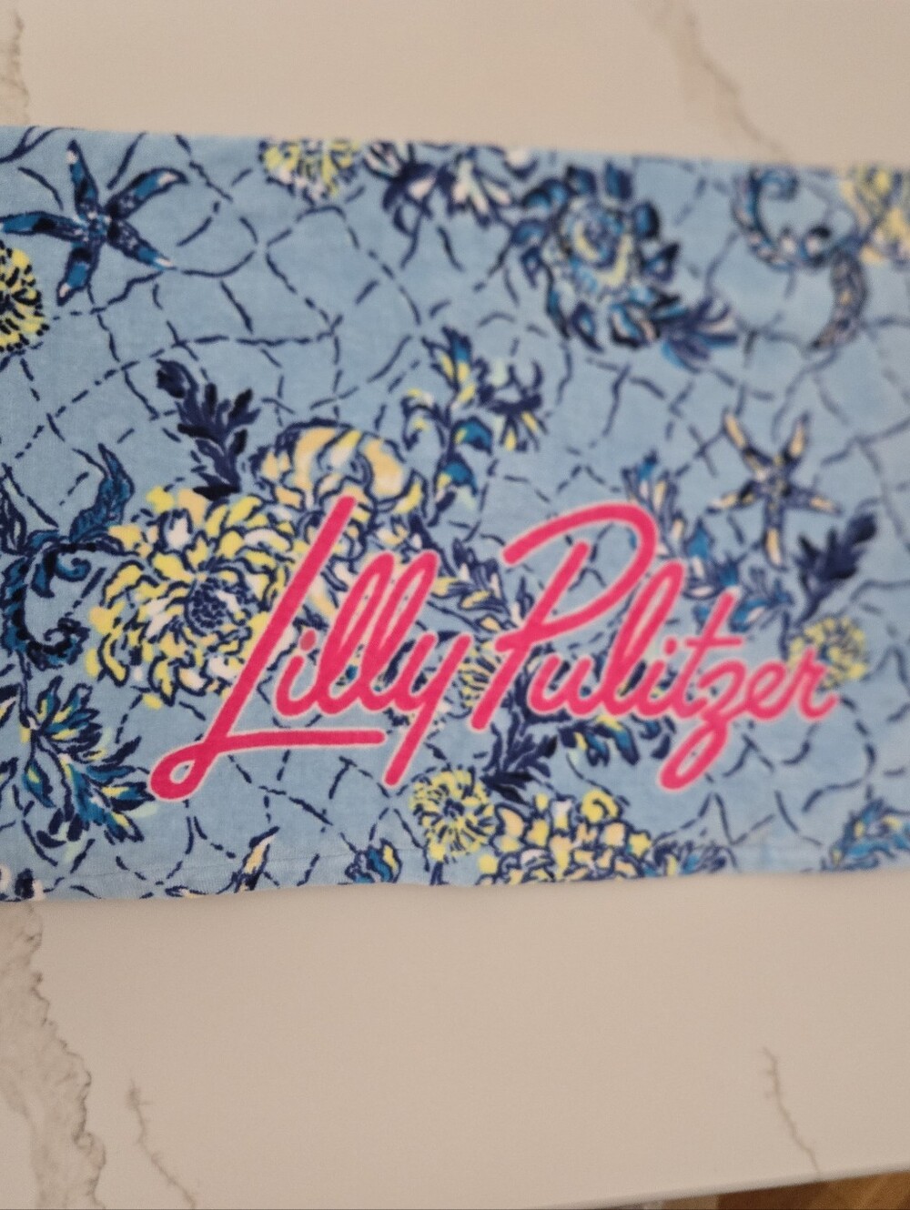 Lilly Pulitzer Blue Floral Beach Towel with Pink Logo